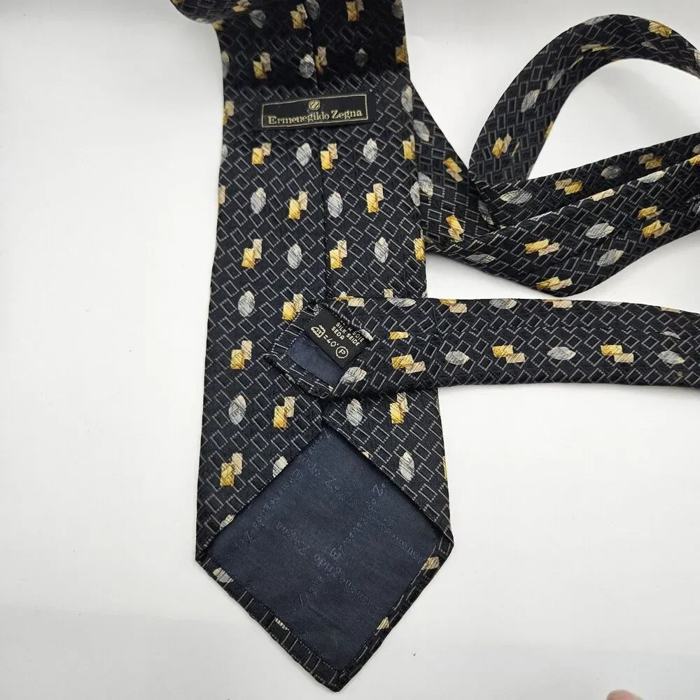 Ermenegildo Zegna Black Gold Rectangle Oval Geometric Tie Career Wedding 59.5x4